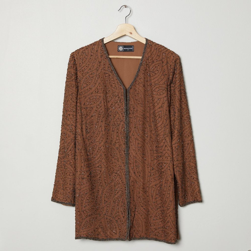 Vtg 80s Cocoa Beaded Silk Tunic L